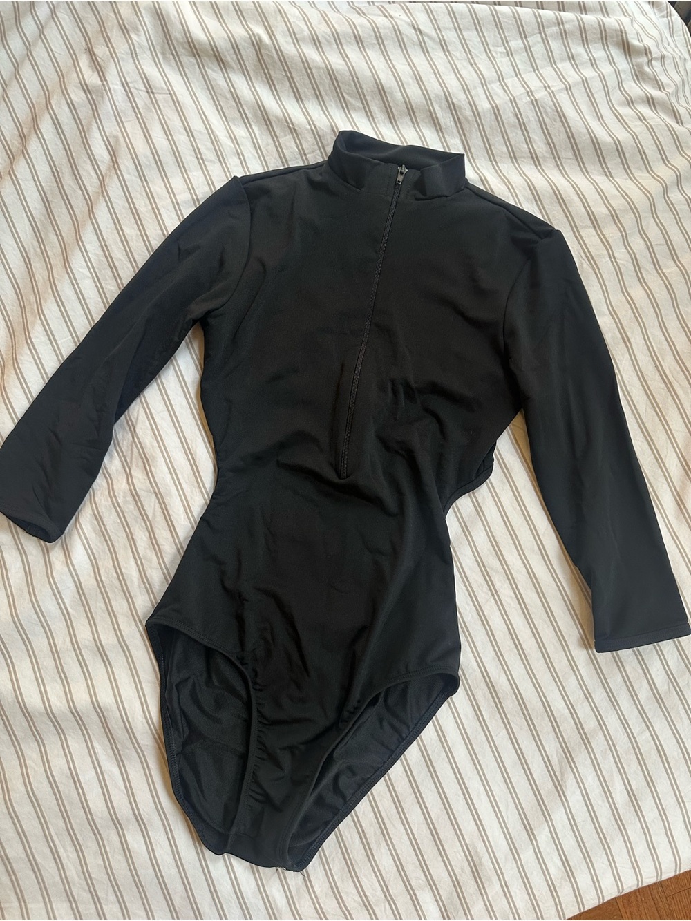 Mariia Ekaterina Leotard - Women’s M Black - Ballet 3/4 Sleeve Mock Neck Zip